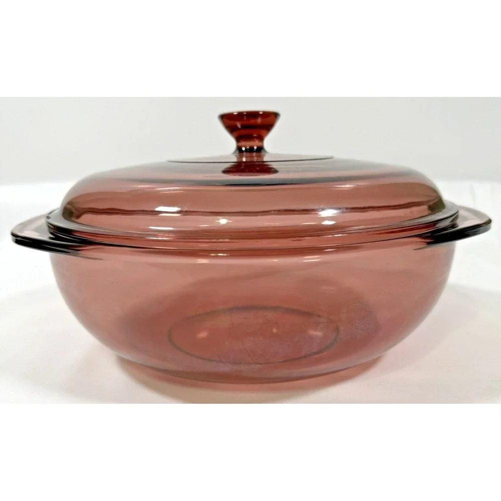 Pyrex Casserole Dish 2qt Cranberry Plum Glass Round Lid 024 Vintage USA